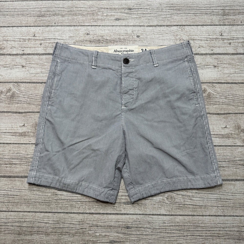 Y2K Abercrombie & Fitch Chino Shorts Men's 34 Blue Pinstripe Seersucker Cotton